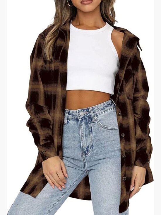 Tops - Oversized Flannel Button Down Shirt Blouse Top Long Sleeve Plaid